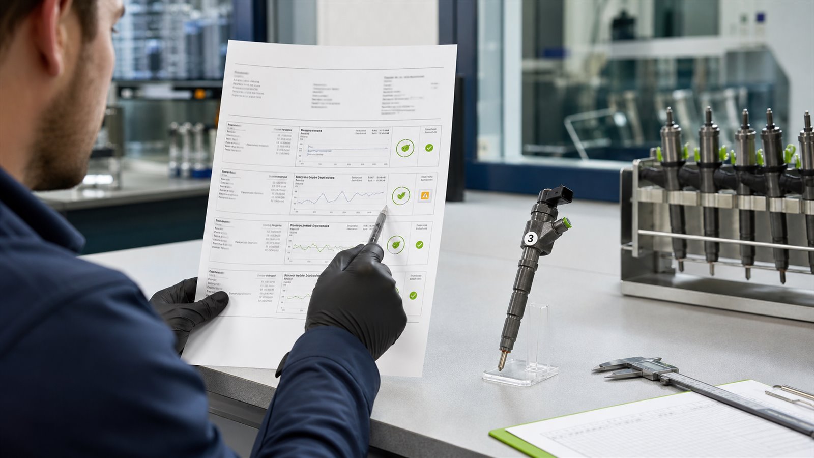 Technische Darstellung: Injektor-Prüfbericht lesen und Ergebnisse verstehen