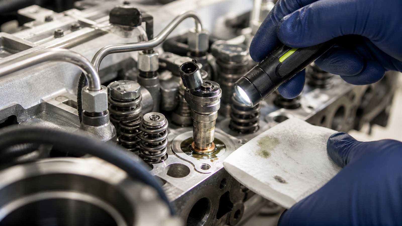 Technische Darstellung: Dieselgeruch und sichtbare Undichtigkeit am Injektor