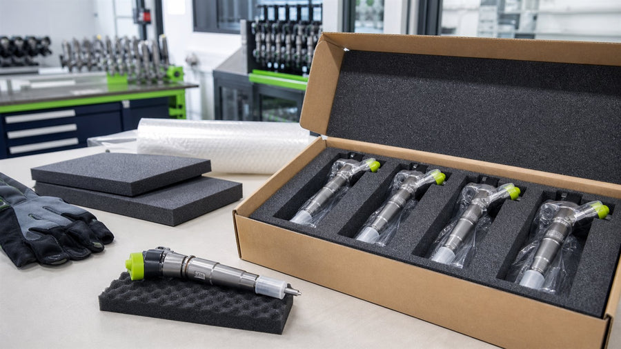 Technische Darstellung: Diesel-Injektoren sicher verpacken und versenden