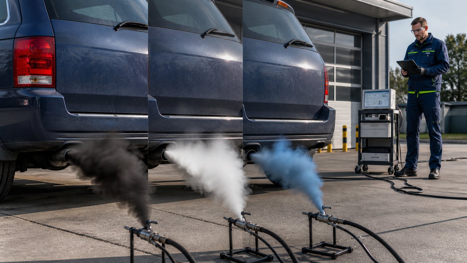Technische Darstellung: Schwarzer, weißer oder blauer Rauch: Was verrät die Abgasfarbe?
